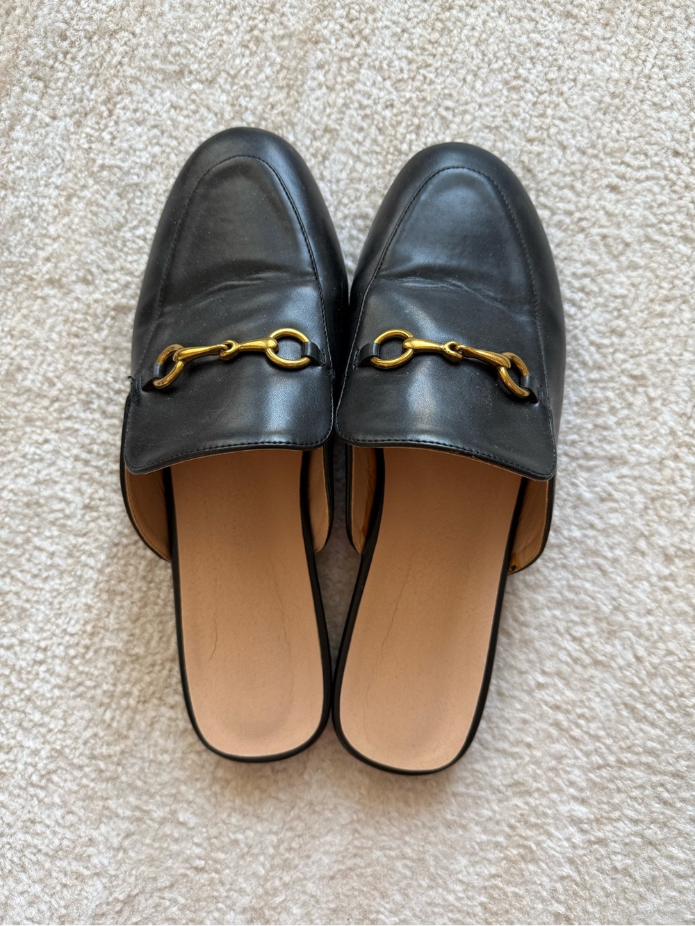 Amazon Black Leather Backless Mules with Gold Horsebit
